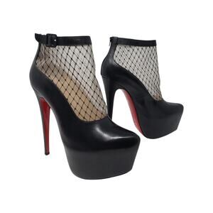 Christian Louboutin Black Leather Platform Mesh Ankle Boots 38.5 EU